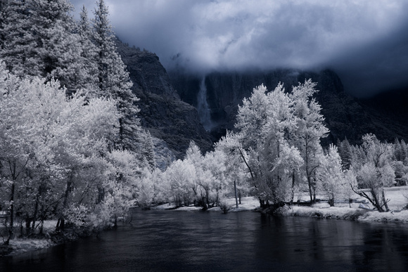 Yosemite falls from Swinging Bridge, clearing storm -- IR with color